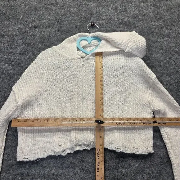 Moon & Madison Sweater Womens Large White Cropped Zip Hoodie Knit Distressed - Picture 7 of 11